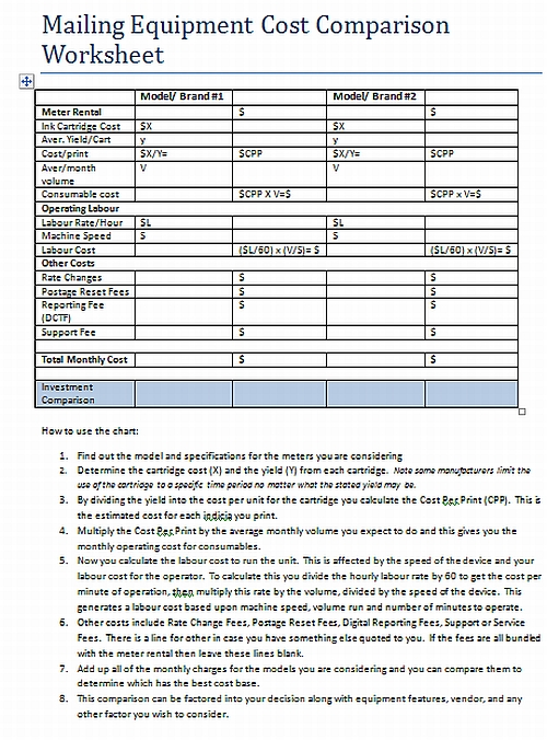 Mailing Equipment Cost Comparison Worksheet resized 600